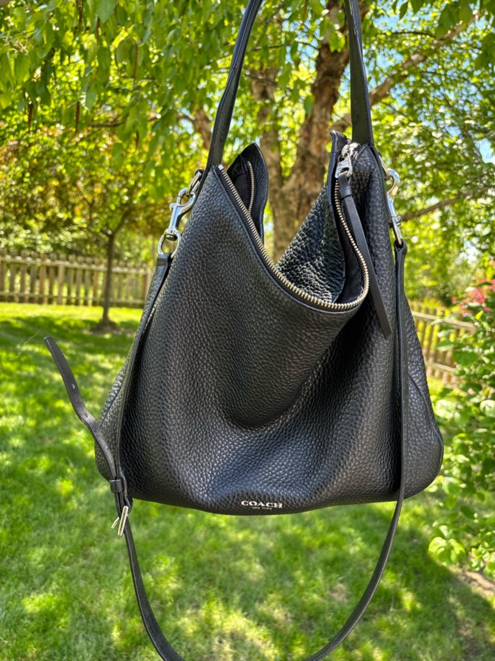 Coach Pebbled Leather Black w/ Silver Crossbody Hobo Bag